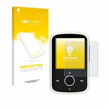 Parte frontal de un envase de producto con el logotipo de la marca upscreen. Al lado se muestra el dispositivo Majority MP3 16