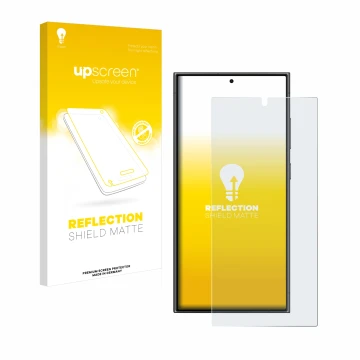 Parte frontal de un envase de producto con el logotipo de la marca upscreen. Al lado se muestra el dispositivo Samsung Galaxy 