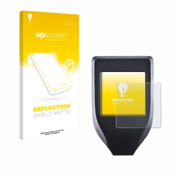 Parte frontal de un envase de producto con el logotipo de la marca upscreen. Al lado se muestra el dispositivo Trezor Model T 