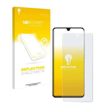 Parte frontal de un envase de producto con el logotipo de la marca upscreen. Al lado se muestra el dispositivo Oppo Reno 11 F 