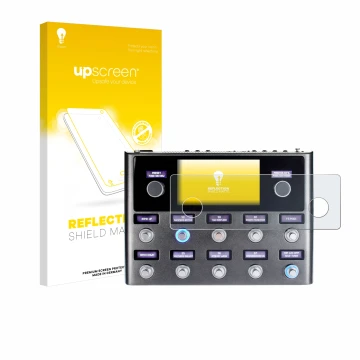 Parte frontal de un envase de producto con el logotipo de la marca upscreen. Al lado se muestra el dispositivo Fender Tone Mas