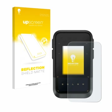 Parte frontal de un envase de producto con el logotipo de la marca upscreen. Al lado se muestra el dispositivo Garmin eTrex So