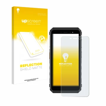 Parte frontal de un envase de producto con el logotipo de la marca upscreen. Al lado se muestra el dispositivo Ulefone Power A