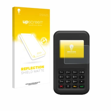 Parte frontal de un envase de producto con el logotipo de la marca upscreen. Al lado se muestra el dispositivo Shopify WisePad