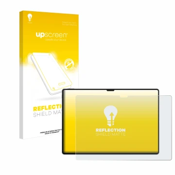Parte frontal de un envase de producto con el logotipo de la marca upscreen. Al lado se muestra el dispositivo Huawei MatePad 