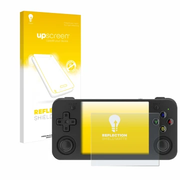 Parte frontal de un envase de producto con el logotipo de la marca upscreen. Al lado se muestra el dispositivo Anbernic RG35XX