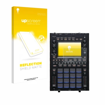 Parte frontal de un envase de producto con el logotipo de la marca upscreen. Al lado se muestra el dispositivo KORG KAOSS Repl
