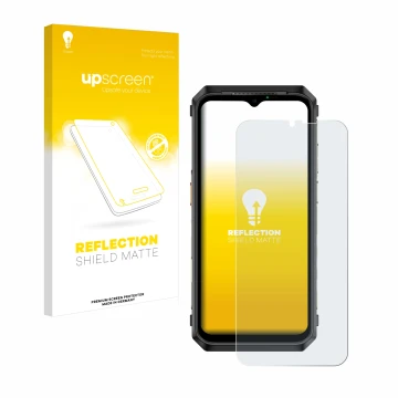 Parte frontal de un envase de producto con el logotipo de la marca upscreen. Al lado se muestra el dispositivo Ulefone Power A