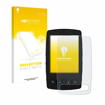 Parte frontal de un envase de producto con el logotipo de la marca upscreen. Al lado se muestra el dispositivo TwoNav Aventura