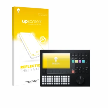 Parte frontal de un envase de producto con el logotipo de la marca upscreen. Al lado se muestra el dispositivo Polyend Tracker