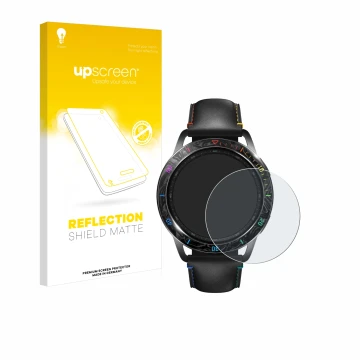 Parte frontal de un envase de producto con el logotipo de la marca upscreen. Al lado se muestra el dispositivo Xiaomi Watch S3