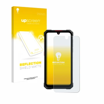 Parte frontal de un envase de producto con el logotipo de la marca upscreen. Al lado se muestra el dispositivo Hotwav Cyber 9 