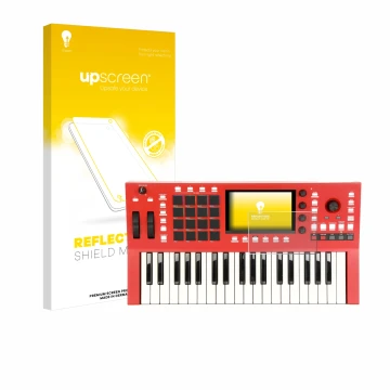 Parte frontal de un envase de producto con el logotipo de la marca upscreen. Al lado se muestra el dispositivo Akai Profession