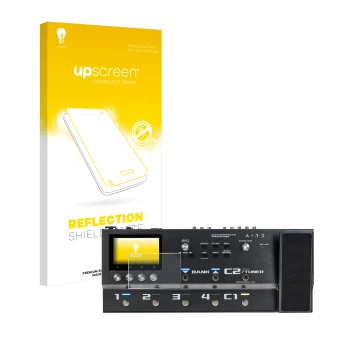 Parte frontal de un envase de producto con el logotipo de la marca upscreen. Al lado se muestra el dispositivo Boss GX-100 con