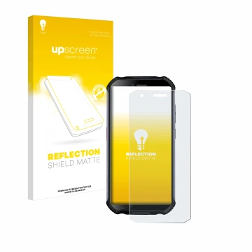 Parte frontal de un envase de producto con el logotipo de la marca upscreen. Al lado se muestra el dispositivo Doogee S41 Plus