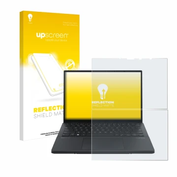 Parte frontal de un envase de producto con el logotipo de la marca upscreen. Al lado se muestra el dispositivo ASUS ZenBook Du