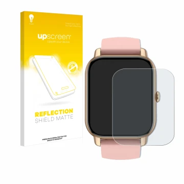 Parte frontal de un envase de producto con el logotipo de la marca upscreen. Al lado se muestra el dispositivo Sross Smartwatc