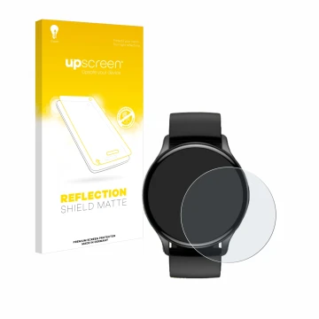 Parte frontal de un envase de producto con el logotipo de la marca upscreen. Al lado se muestra el dispositivo Sross Smartwatc