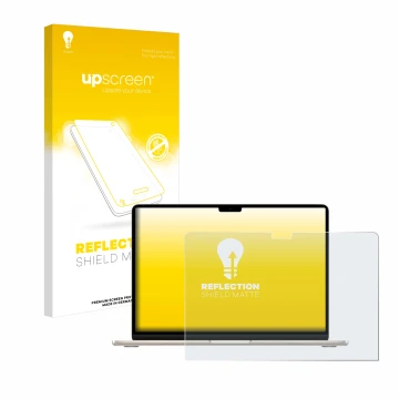 Parte frontal de un envase de producto con el logotipo de la marca upscreen. Al lado se muestra el dispositivo Apple MacBook A