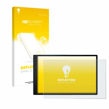 Parte frontal de un envase de producto con el logotipo de la marca upscreen. Al lado se muestra el dispositivo Garmin DriveSma