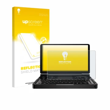 Parte frontal de un envase de producto con el logotipo de la marca upscreen. Al lado se muestra el dispositivo GPD Win Mini (2