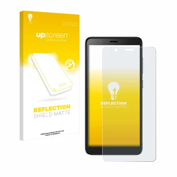 Parte frontal de un envase de producto con el logotipo de la marca upscreen. Al lado se muestra el dispositivo ZTE Blade A32 c