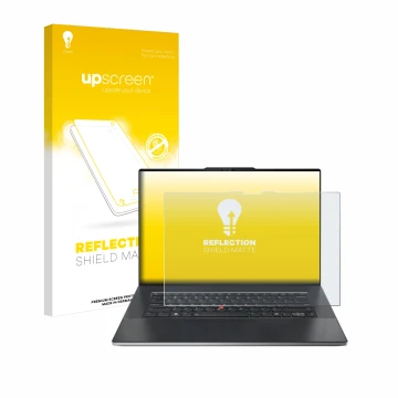 Parte frontal de un envase de producto con el logotipo de la marca upscreen. Al lado se muestra el dispositivo Lenovo ThinkPad