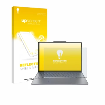 Parte frontal de un envase de producto con el logotipo de la marca upscreen. Al lado se muestra el dispositivo Lenovo ThinkBoo