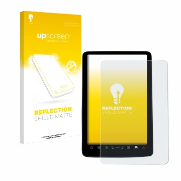 Parte frontal de un envase de producto con el logotipo de la marca upscreen. Al lado se muestra el dispositivo Volvo EX30 12.3