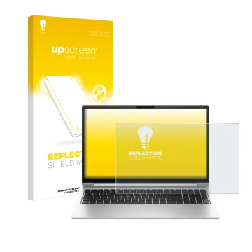 Parte frontal de un envase de producto con el logotipo de la marca upscreen. Al lado se muestra el dispositivo HP EliteBook 64