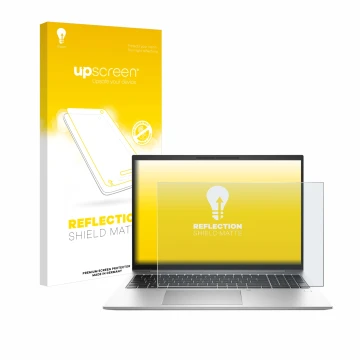 Parte frontal de un envase de producto con el logotipo de la marca upscreen. Al lado se muestra el dispositivo HP EliteBook 86