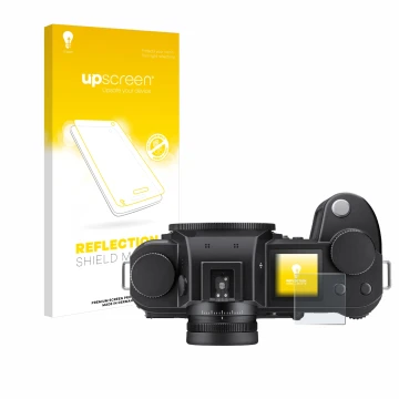 Parte frontal de un envase de producto con el logotipo de la marca upscreen. Al lado se muestra el dispositivo Leica SL3 (pant