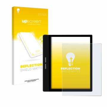 Parte frontal de un envase de producto con el logotipo de la marca upscreen. Al lado se muestra el dispositivo Bigme B751C con