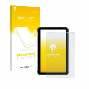 Parte frontal de un envase de producto con el logotipo de la marca upscreen. Al lado se muestra el dispositivo Doogee R20 con 