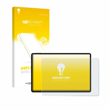 Parte frontal de un envase de producto con el logotipo de la marca upscreen. Al lado se muestra el dispositivo Teclast P50 con