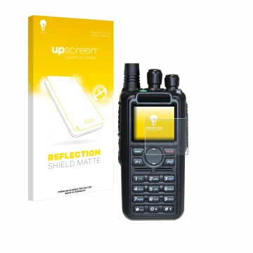 Parte frontal de un envase de producto con el logotipo de la marca upscreen. Al lado se muestra el dispositivo AnyTone AT-D878