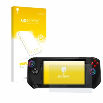 Parte frontal de un envase de producto con el logotipo de la marca upscreen. Al lado se muestra el dispositivo MSI Claw A1M co