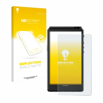 Parte frontal de un envase de producto con el logotipo de la marca upscreen. Al lado se muestra el dispositivo Hiby R6 III con