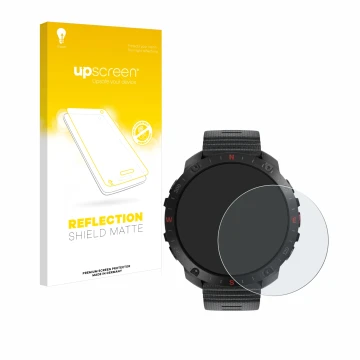 Parte frontal de un envase de producto con el logotipo de la marca upscreen. Al lado se muestra el dispositivo Polar Grit X2 P