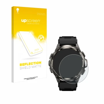 Parte frontal de un envase de producto con el logotipo de la marca upscreen. Al lado se muestra el dispositivo Kospet Tank T3 