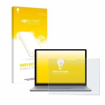 Parte frontal de un envase de producto con el logotipo de la marca upscreen. Al lado se muestra el dispositivo Microsoft Surfa