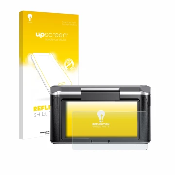 Parte frontal de un envase de producto con el logotipo de la marca upscreen. Al lado se muestra el dispositivo Revopoint Mirac
