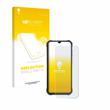 Parte frontal de un envase de producto con el logotipo de la marca upscreen. Al lado se muestra el dispositivo Oukitel WP36 co