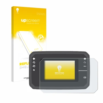 Parte frontal de un envase de producto con el logotipo de la marca upscreen. Al lado se muestra el dispositivo Honda CB650R TF