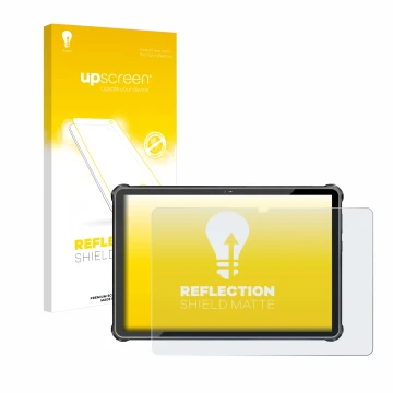 Parte frontal de un envase de producto con el logotipo de la marca upscreen. Al lado se muestra el dispositivo Oukitel RT6 con