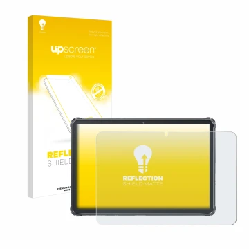 Parte frontal de un envase de producto con el logotipo de la marca upscreen. Al lado se muestra el dispositivo Oukitel RT8 con