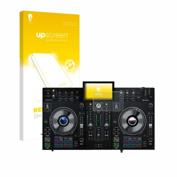 Parte frontal de un envase de producto con el logotipo de la marca upscreen. Al lado se muestra el dispositivo Denon DJ Prime 