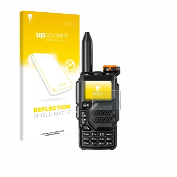 Parte frontal de un envase de producto con el logotipo de la marca upscreen. Al lado se muestra el dispositivo Quansheng UV-K5