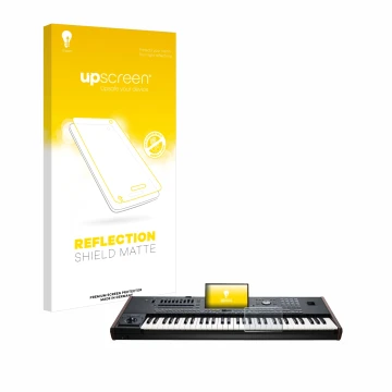 Parte frontal de un envase de producto con el logotipo de la marca upscreen. Al lado se muestra el dispositivo KORG Pa5X con s