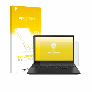 Parte frontal de un envase de producto con el logotipo de la marca upscreen. Al lado se muestra el dispositivo Lenovo ThinkPad